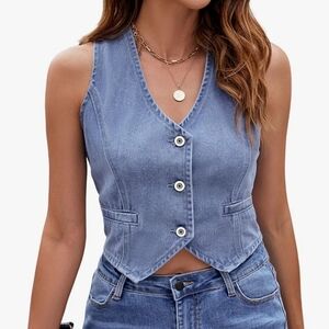 Stylish Sleeveless Denim Button Down Top